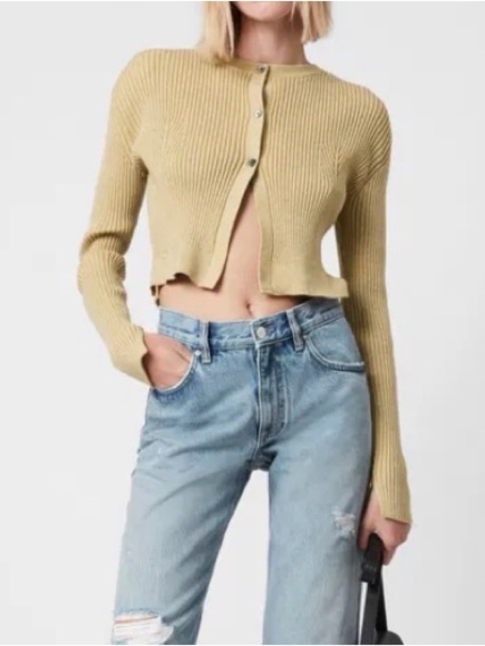 All Saints Sparkly Ribbed Knit Button-Front Sweater - Yellow